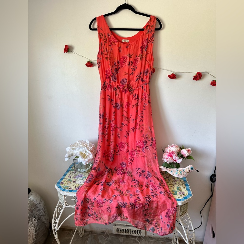 Italy 🇮🇹 Silk Pink Floral Vibrant Orange and Pink Tiered Maxi Sundress S M L - Picture 5 of 11
